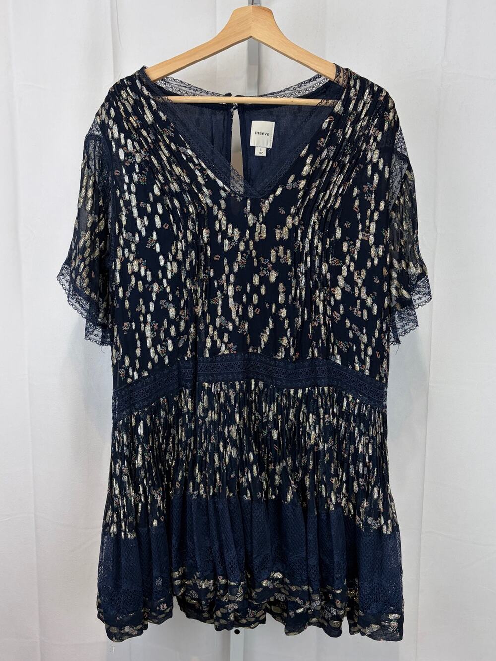 MAEVE Anthropologie V-Neck Lurex Tiered Mini Dress Short Sleeve Blue Size S